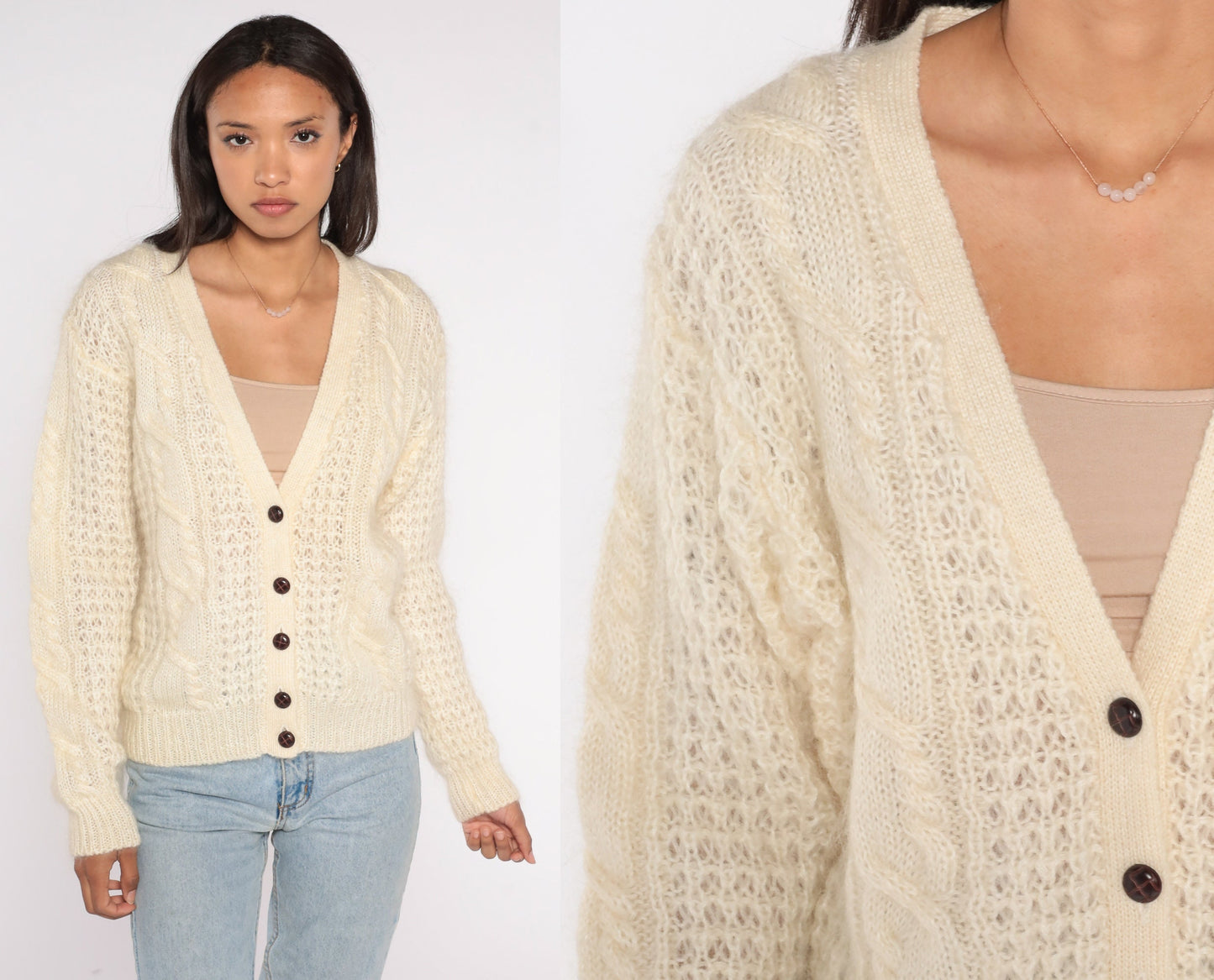 90s Karen Scott Cable Knit Cardigan Cream Wool Mohair V Neck Medium