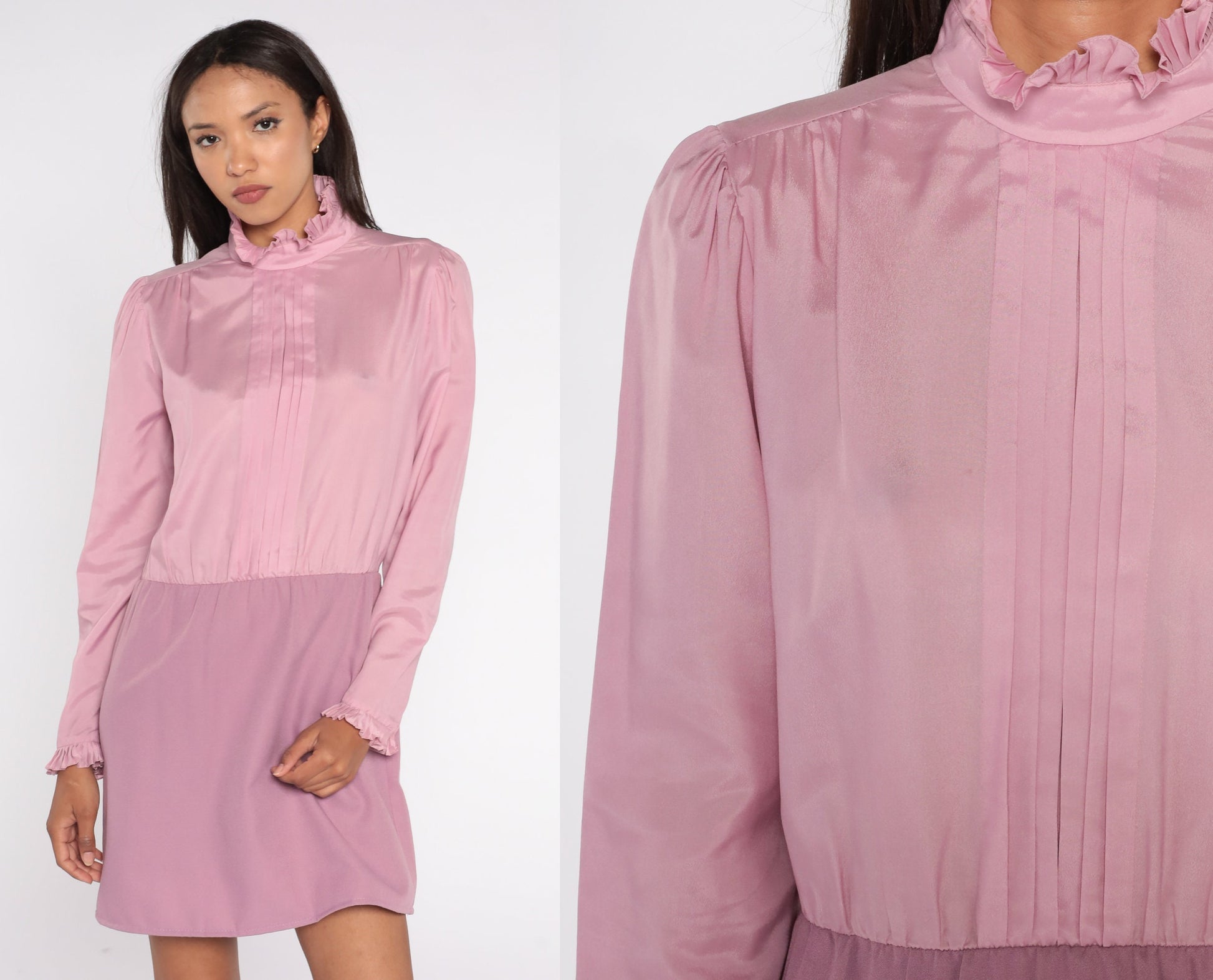 70s Pink Mini Dress Ruffle Collar Puff Sleeve High Waist Medium