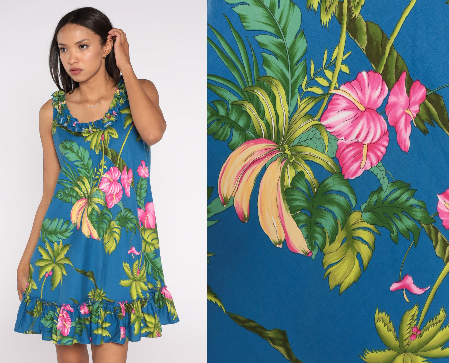 Y2K Tropical Floral Banana Mini Dress Sleeveless Ruffled Trim Green Blue Pink Large