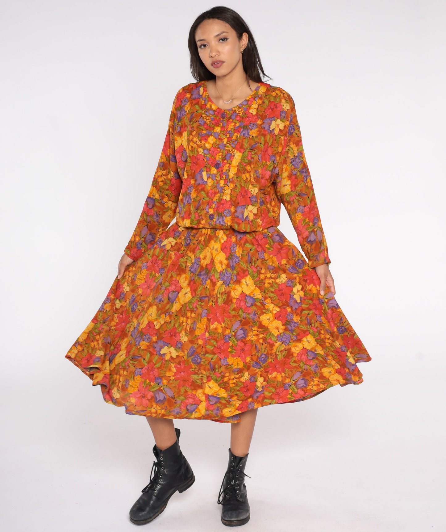 80s Burnt Orange Floral Blouson Maxi Dress Dolman Sleeve Button-Up Medium 8