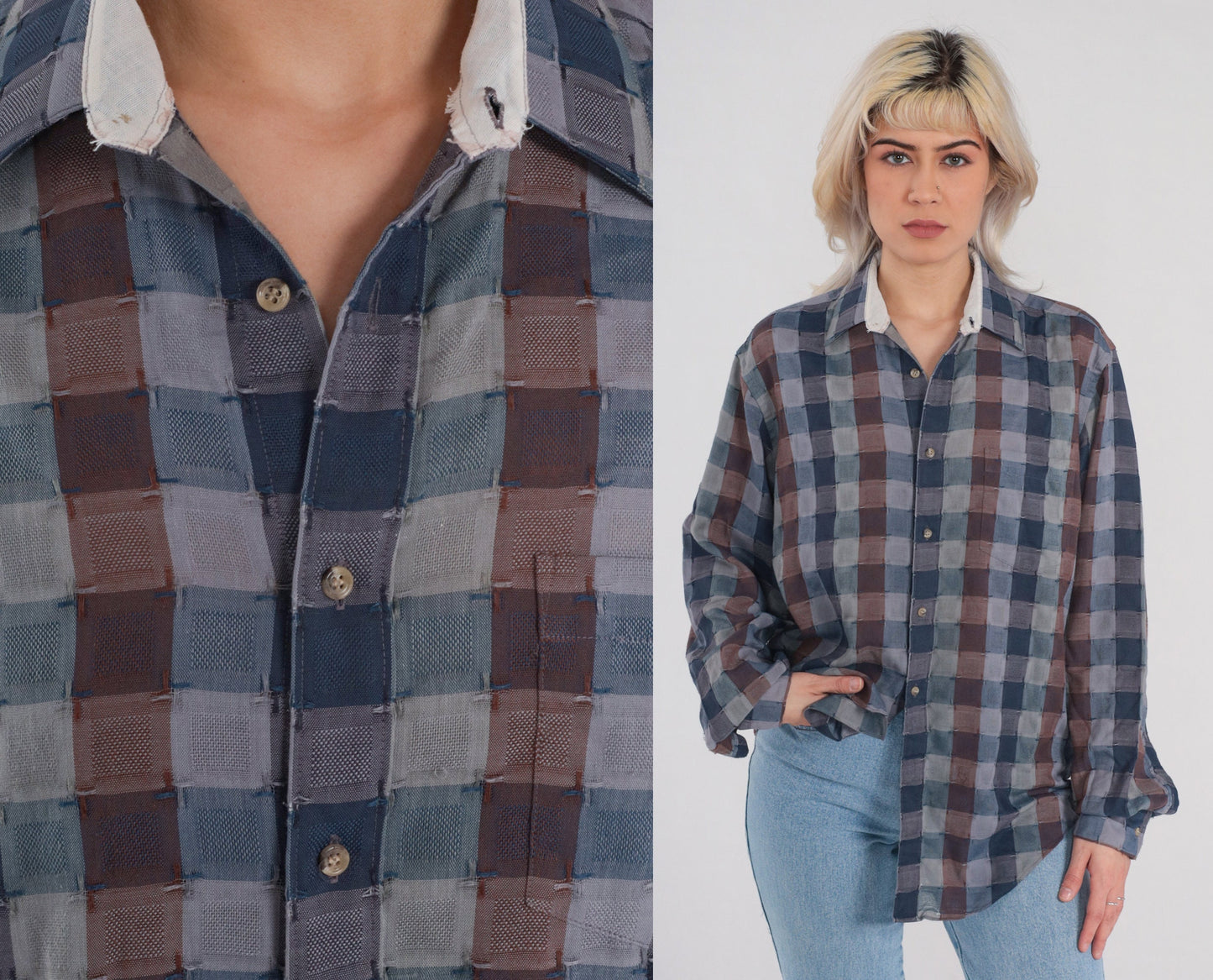 90s Grey Checkered Button-Up Shirt Long Sleeve Plaid Collared Small