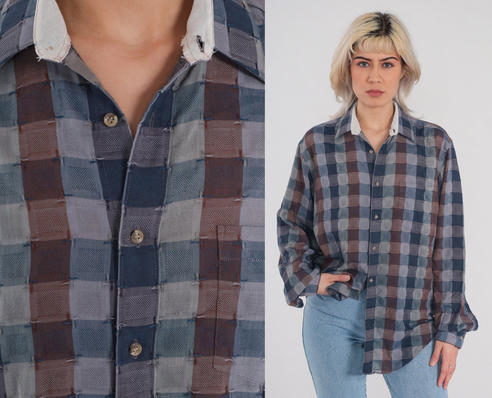 90s Grey Checkered Button-Up Shirt Long Sleeve Plaid Collared Small