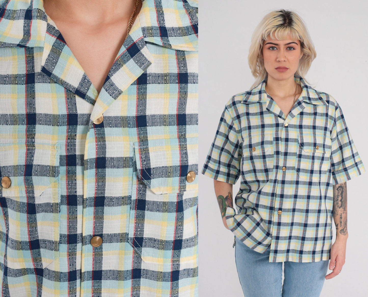 70s Checkered Button Up Shirt Gold Buttons Chest Pockets Medium