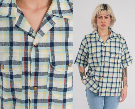 70s Checkered Button Up Shirt Gold Buttons Chest Pockets Medium