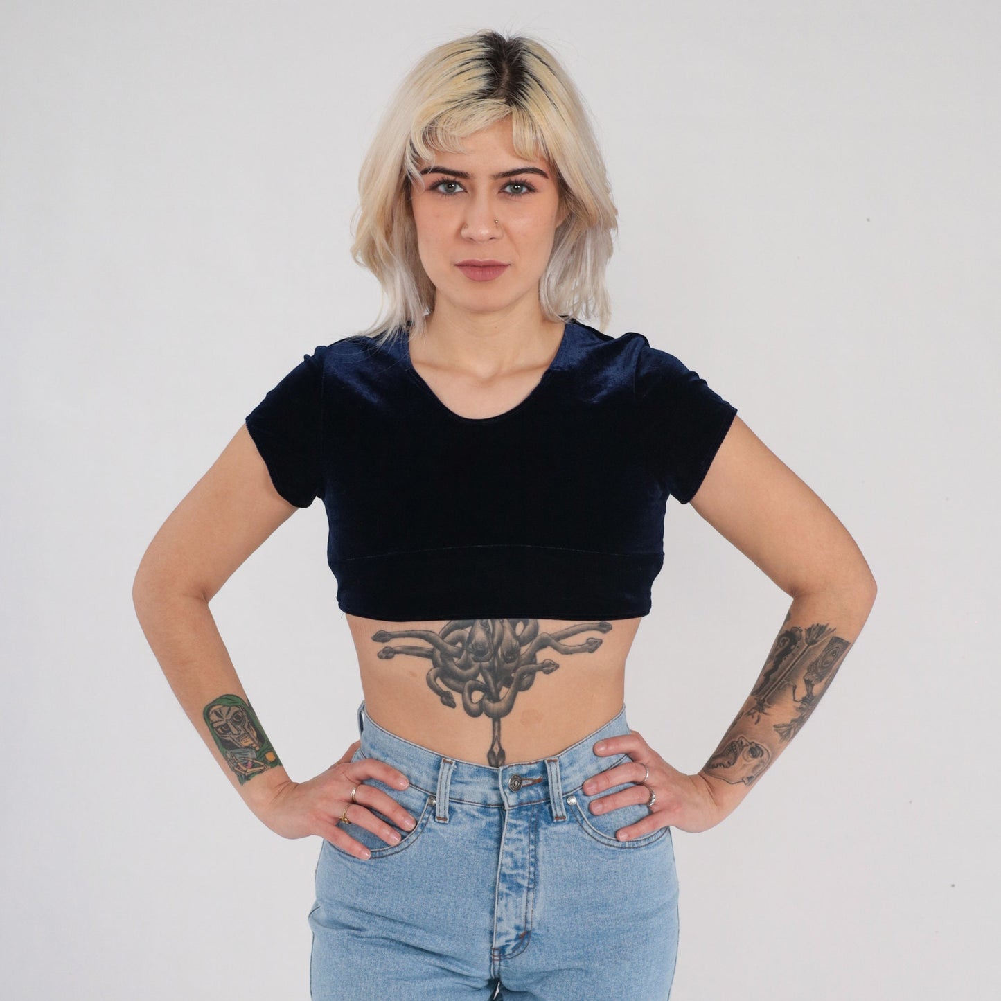 Y2K Navy Velvet Crop Top Short Sleeve Blouse Small XS