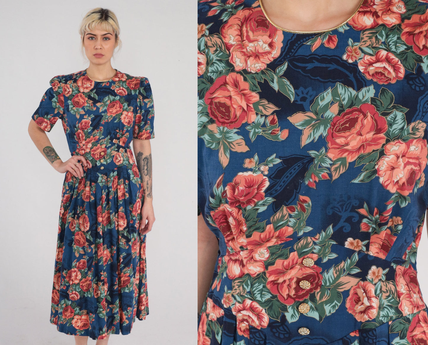 90s Navy Floral Midi Dress Puff Sleeve High Basque Waist Rose Print Medium M