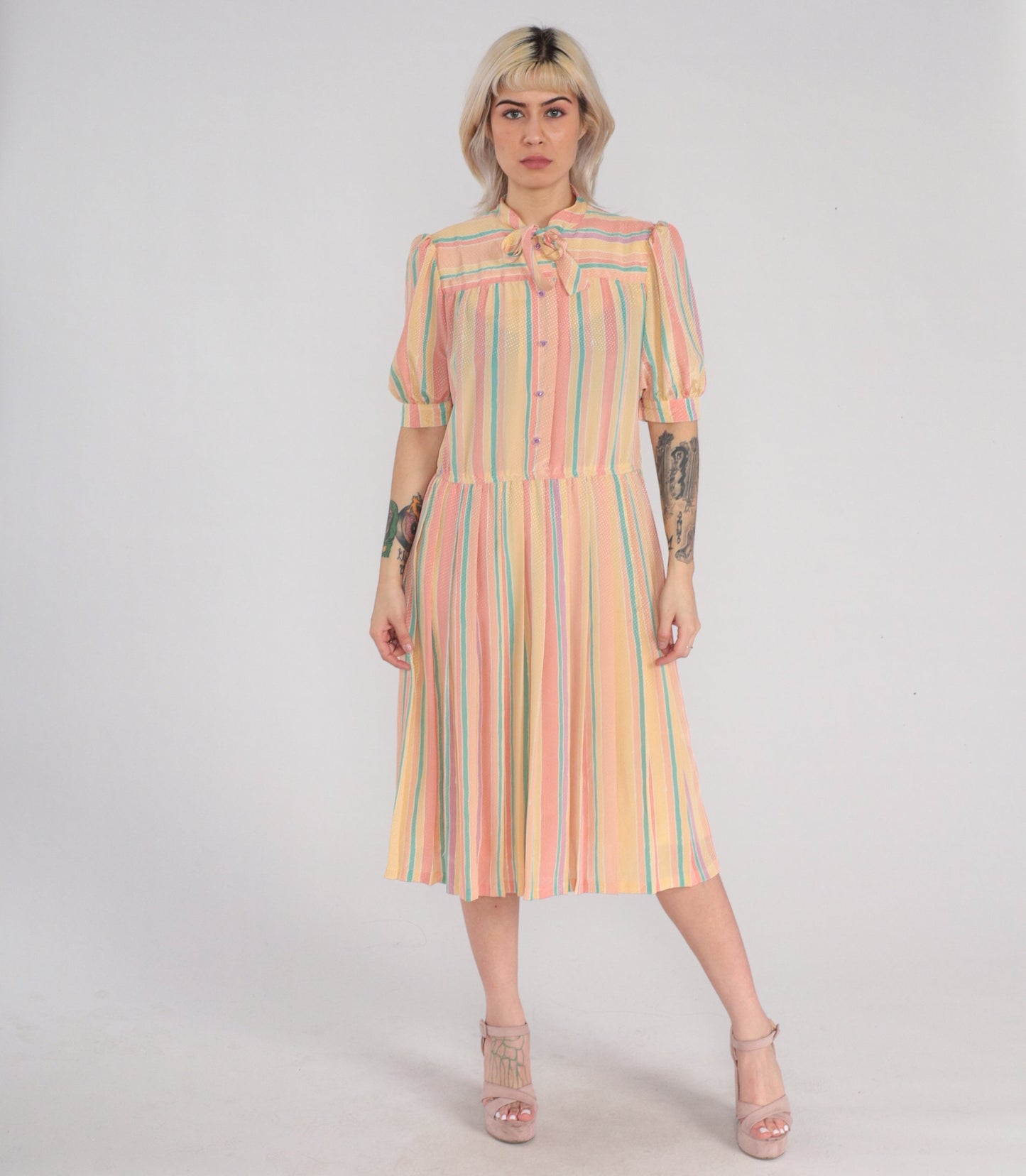 90s Striped Midi Dress Puff Sleeve Button-Up Necktie Bow High Waist Medium M