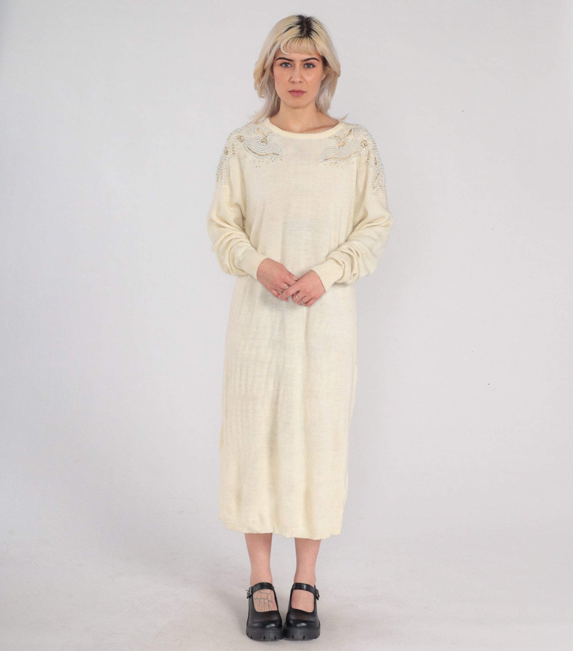 80s Cream Knit Midi Dress Pearl Beaded Shoulders Long Sleeve Shift Large L