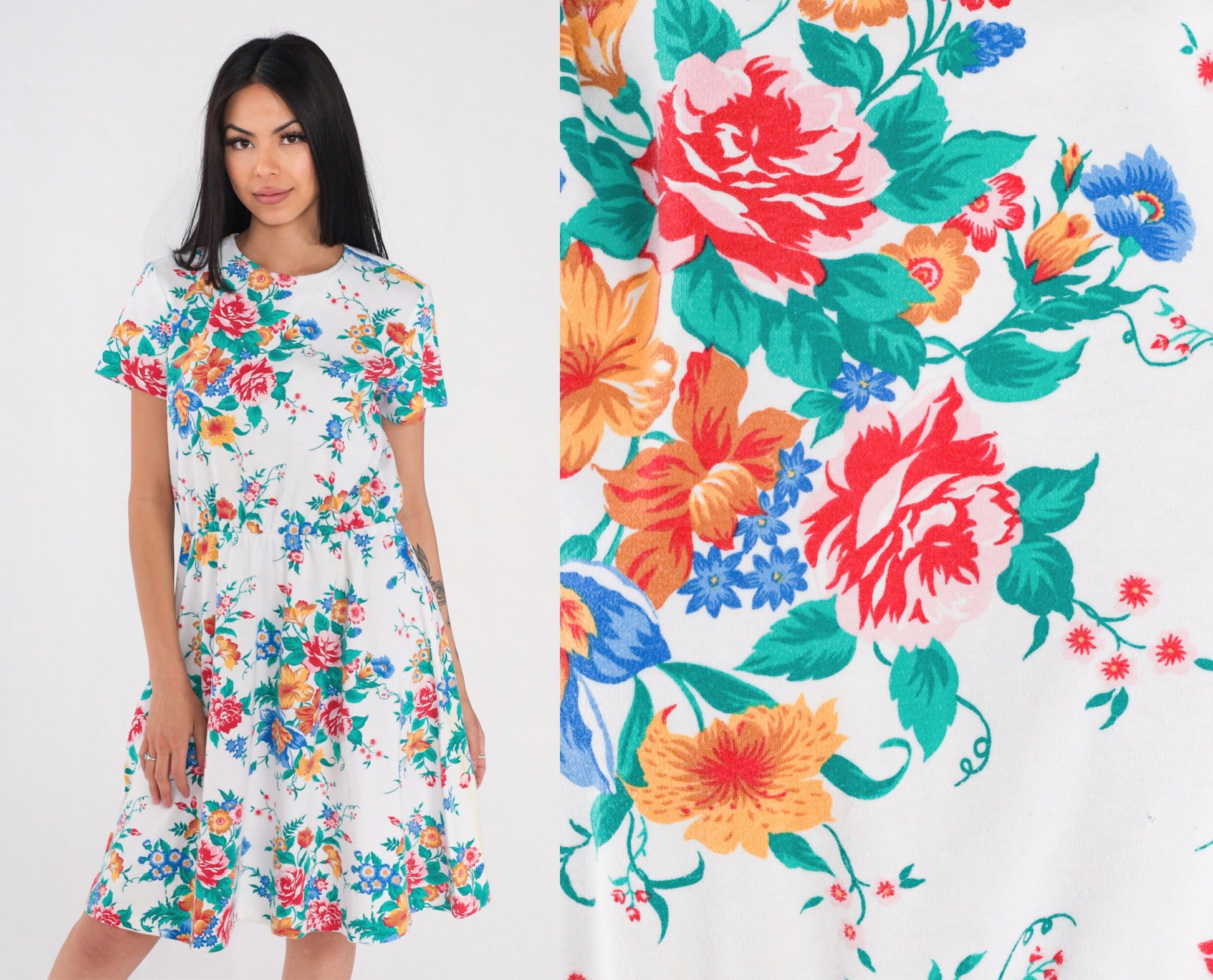90s White Floral Rose Print Mini Dress High Waisted Short Sleeve Medium Large