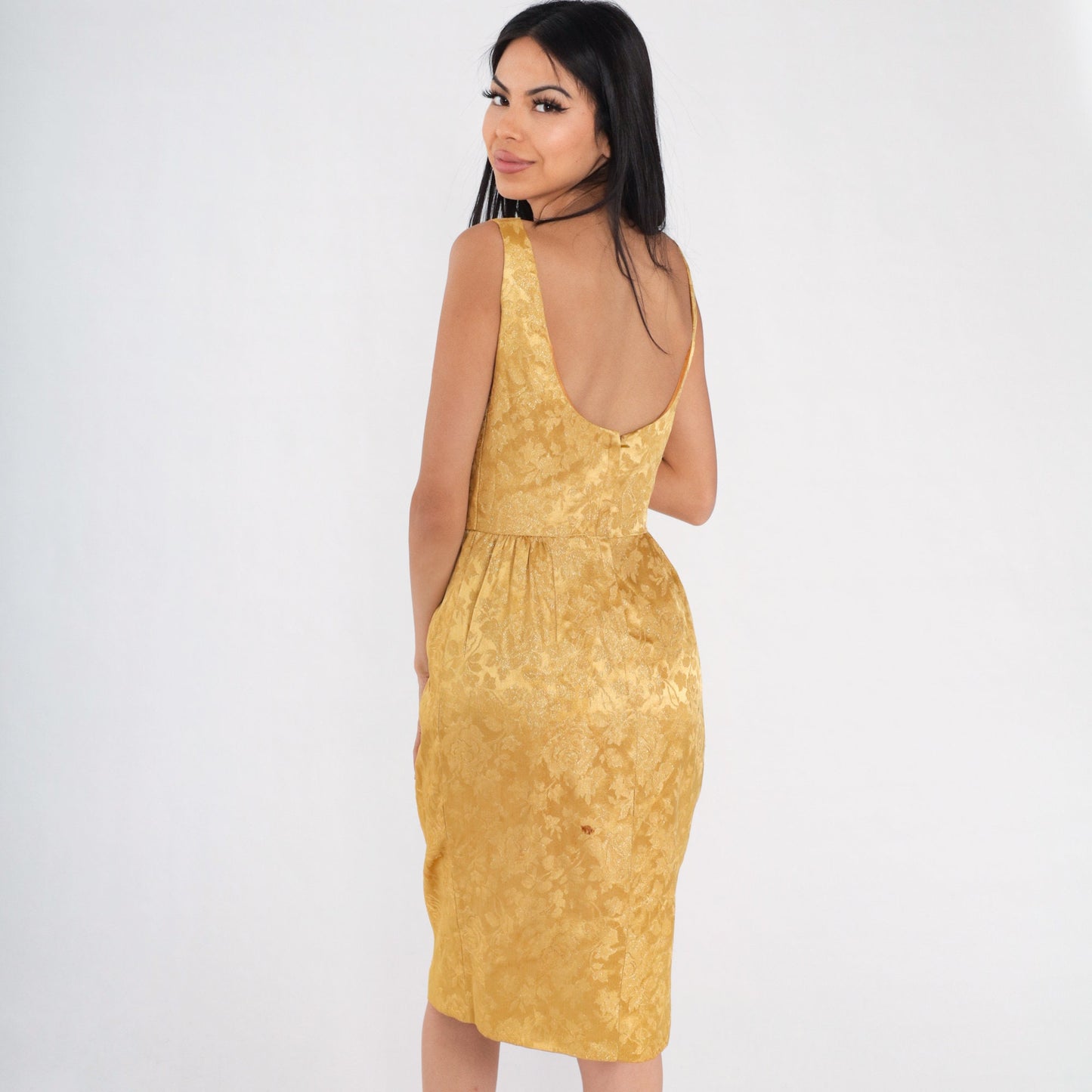 60s Gold Floral Brocade Mini Dress Sleeveless Low Back Bow High Waist Extra Small