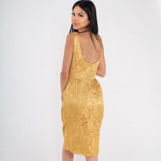 60s Gold Floral Brocade Mini Dress Sleeveless Low Back Bow High Waist Extra Small