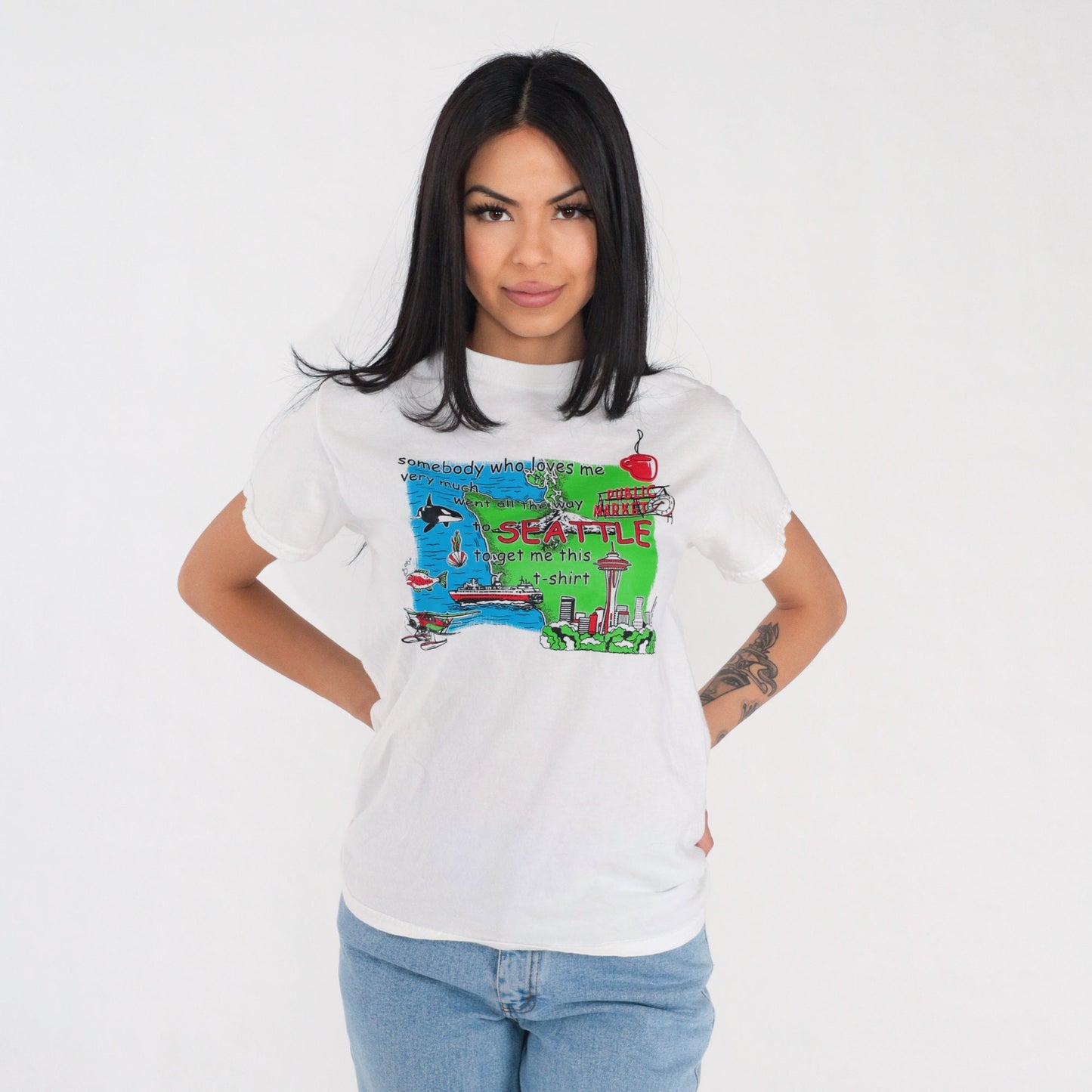 00s Seattle Graphic T-Shirt "Somebody Loves Me" White Cotton Tee Small