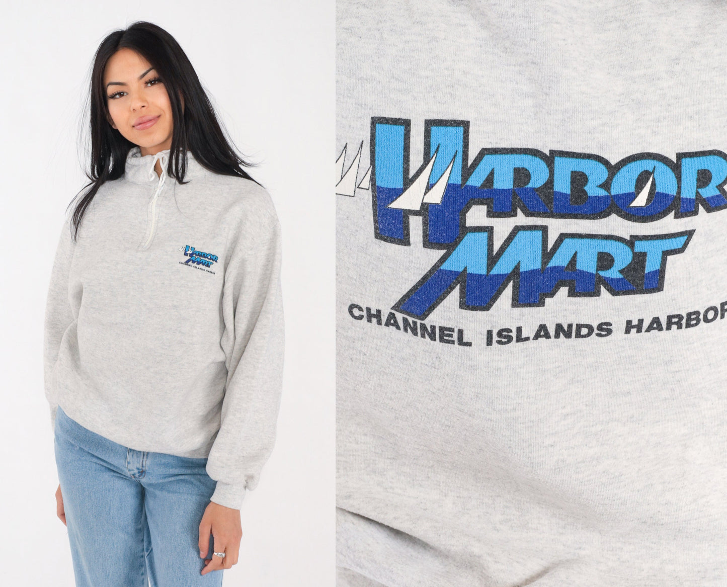 90s Harbor Mart Channel Islands Quarter Zip Sweatshirt Heather Grey Large L