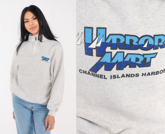 90s Harbor Mart Channel Islands Quarter Zip Sweatshirt Heather Grey Large L