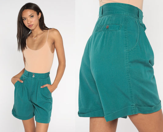 90s Great Land Apparel Green Pleated High-Waist Shorts Cotton Extra Small