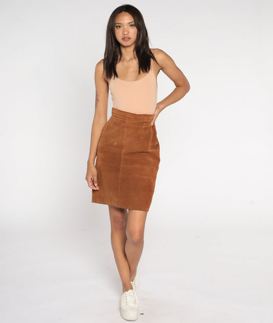 90s Brown Suede Mini Skirt High Waist Pencil Cut Rear Zipper Small