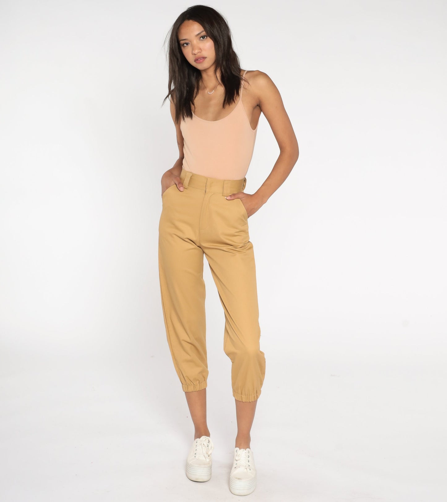 90s Tan Cropped Pants High Waisted Straight Leg Cotton Extra Small XS