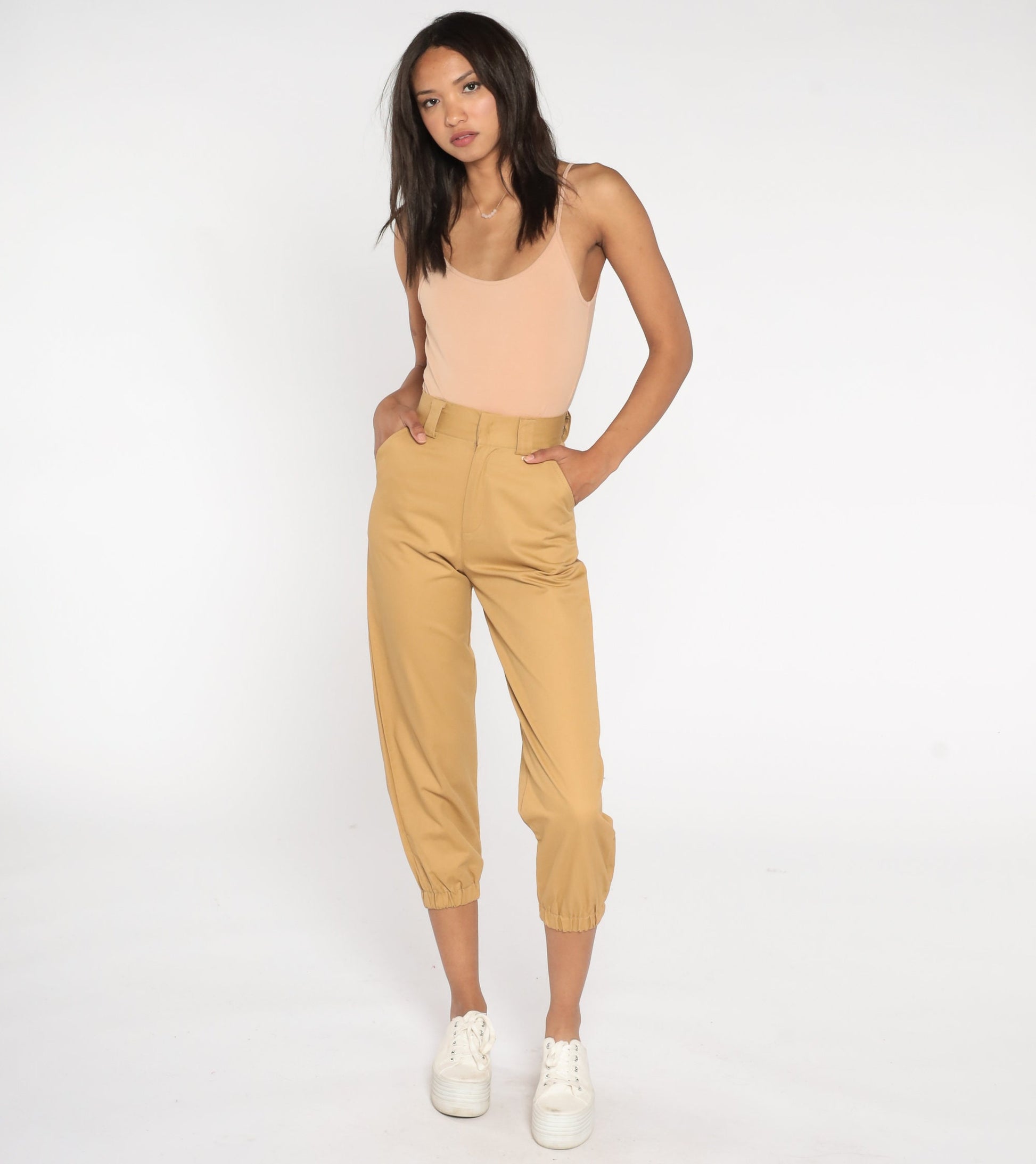 90s Tan Cropped Pants High Waisted Straight Leg Cotton Extra Small XS
