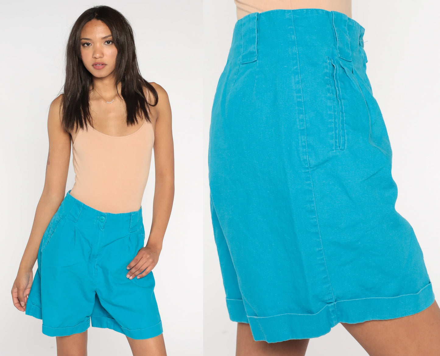 90s Blue Pleated High-Waist Shorts Cuffed Ramie Cotton Small