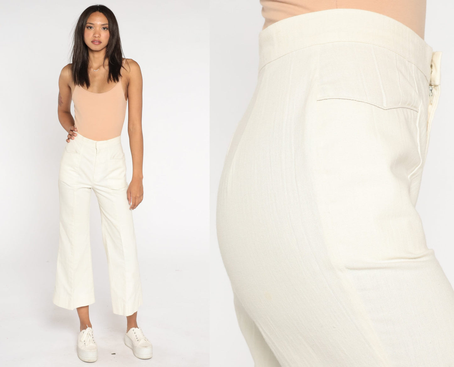 70s Bell Bottom Pants Off-White High Waist Cropped Ankle Trousers Extra Small XS