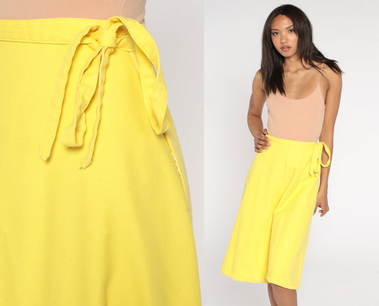 80s Yellow Wrap Skirt High Waisted Midi Cotton Blend Medium 8