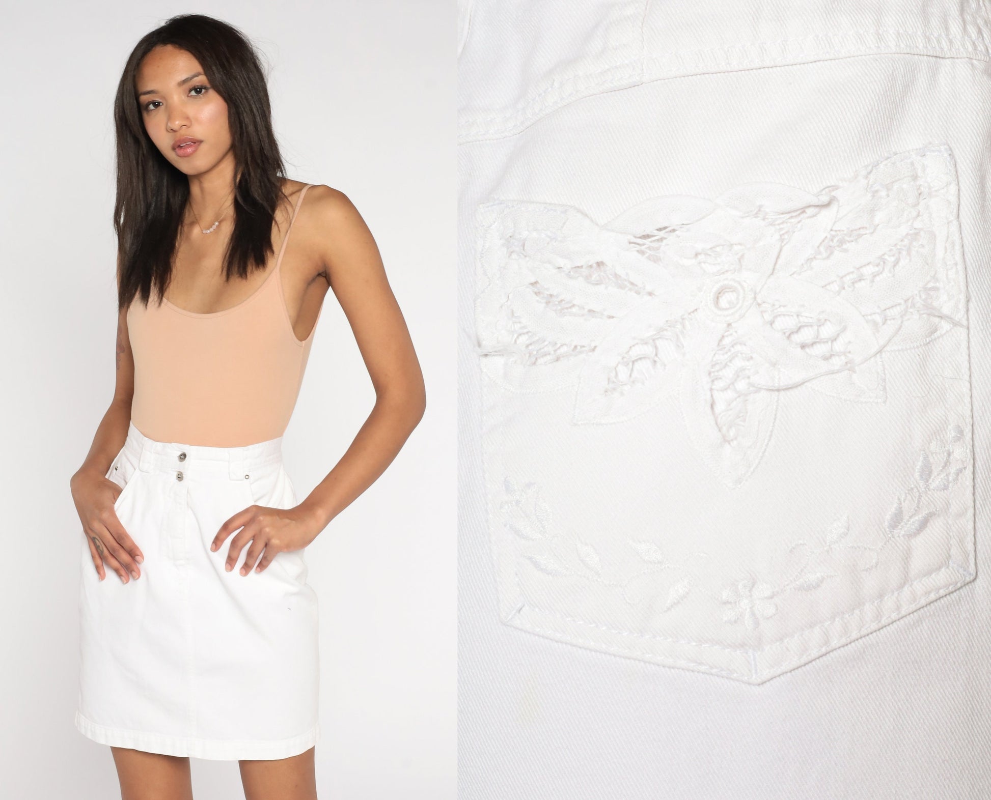 90s White Denim Mini Skirt Floral Embroidered Cutwork High Waist Extra Small