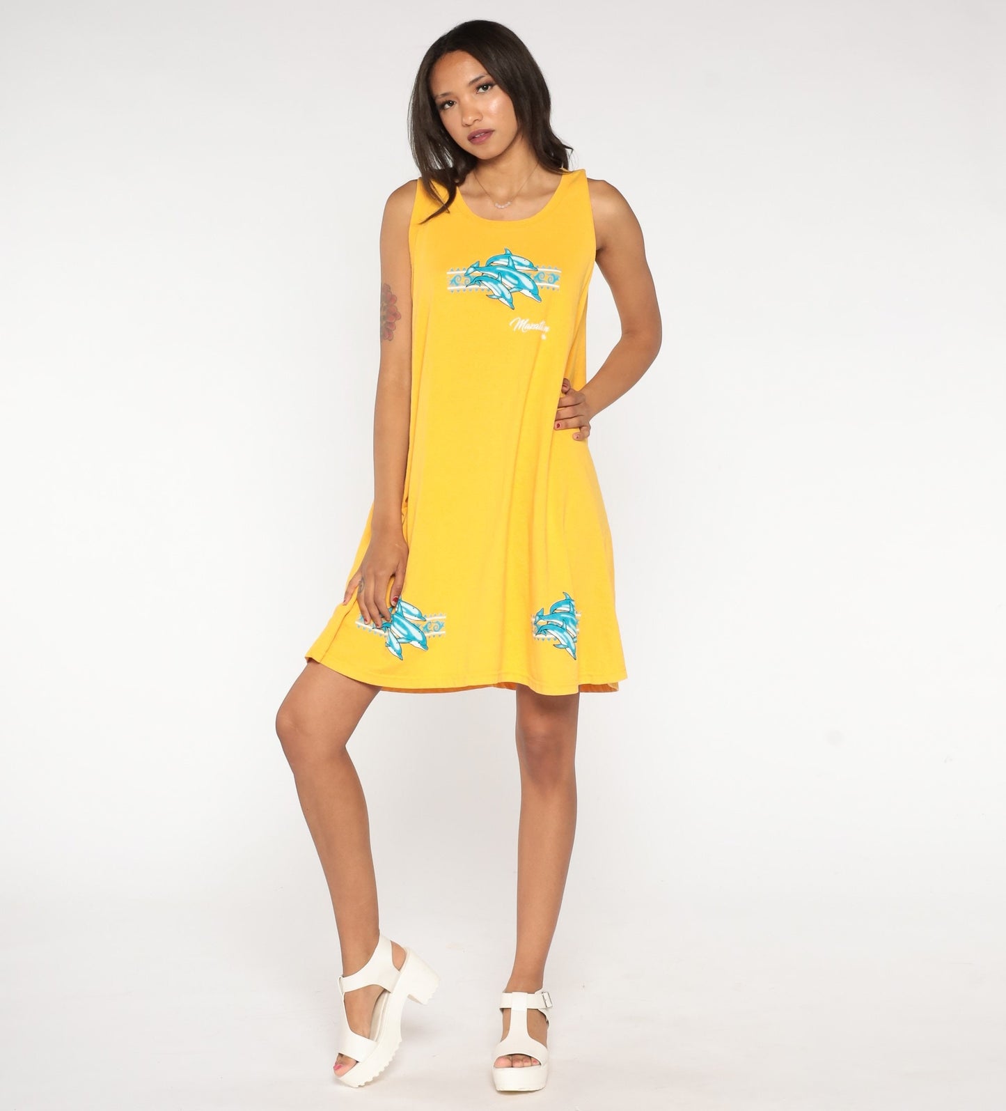 90s Mazatlan Dolphin Tank Dress Yellow Shift Mini Coverup Medium Large