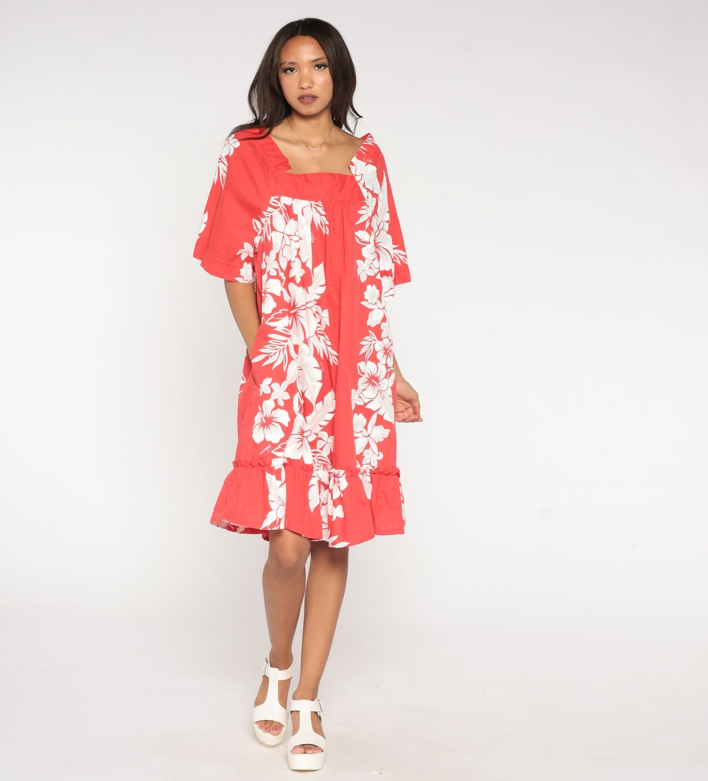 90s Hawaiian Floral Tent Dress Red Tropical Aloha Print Midi Medium