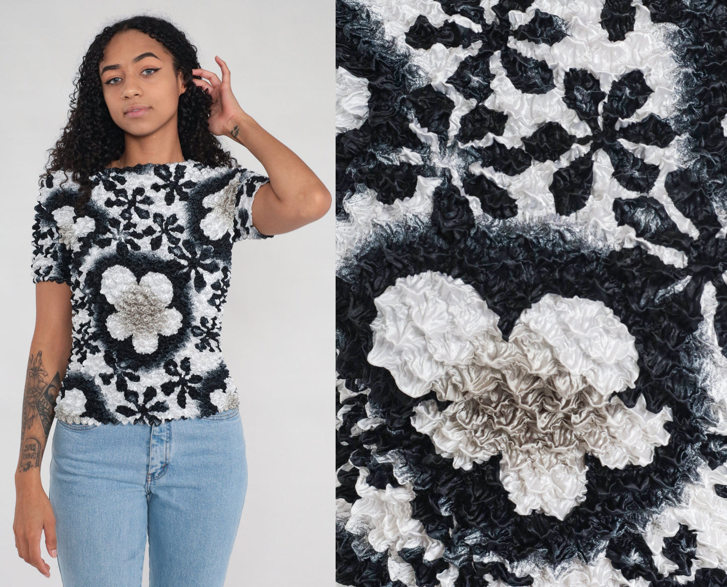 Y2K Black White Floral Popcorn Textured Blouse Short Sleeve Small Medium Large