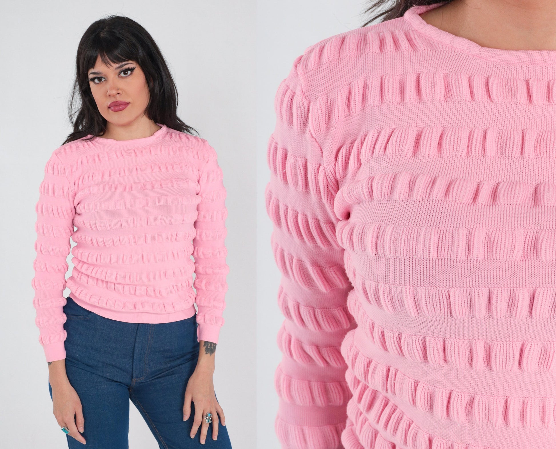 70s Bubblegum Pink Textured Knit Pullover Sweater Extra Small