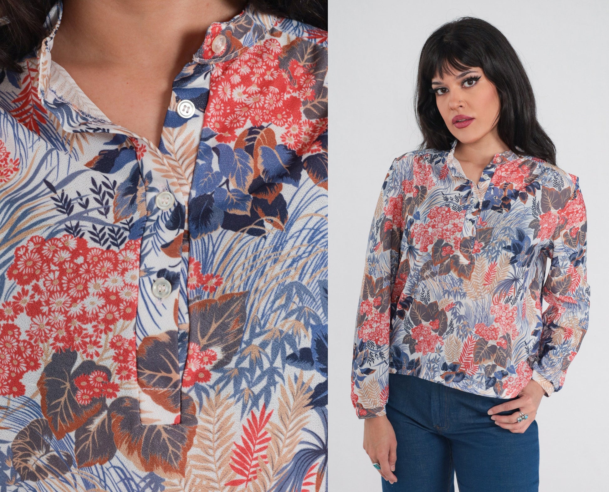 70s Floral Leaf Print Blouse Long Sleeve Half Button Up White Large