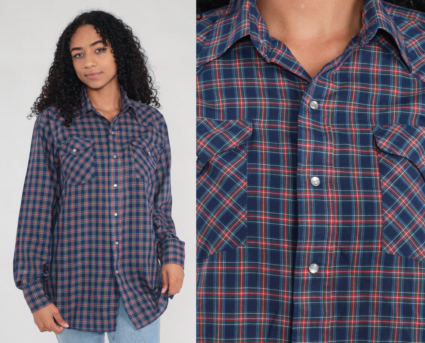 80s Plaid Pearl Snap Western Shirt Blue Cotton Men's Large