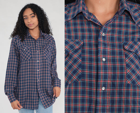 80s Plaid Pearl Snap Western Shirt Blue Cotton Men's Large