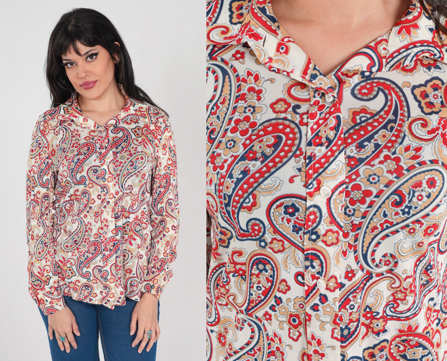 70s Paisley Floral Button-Up Blouse Long Sleeve Collared Shirt White Red Blue Tan Large L