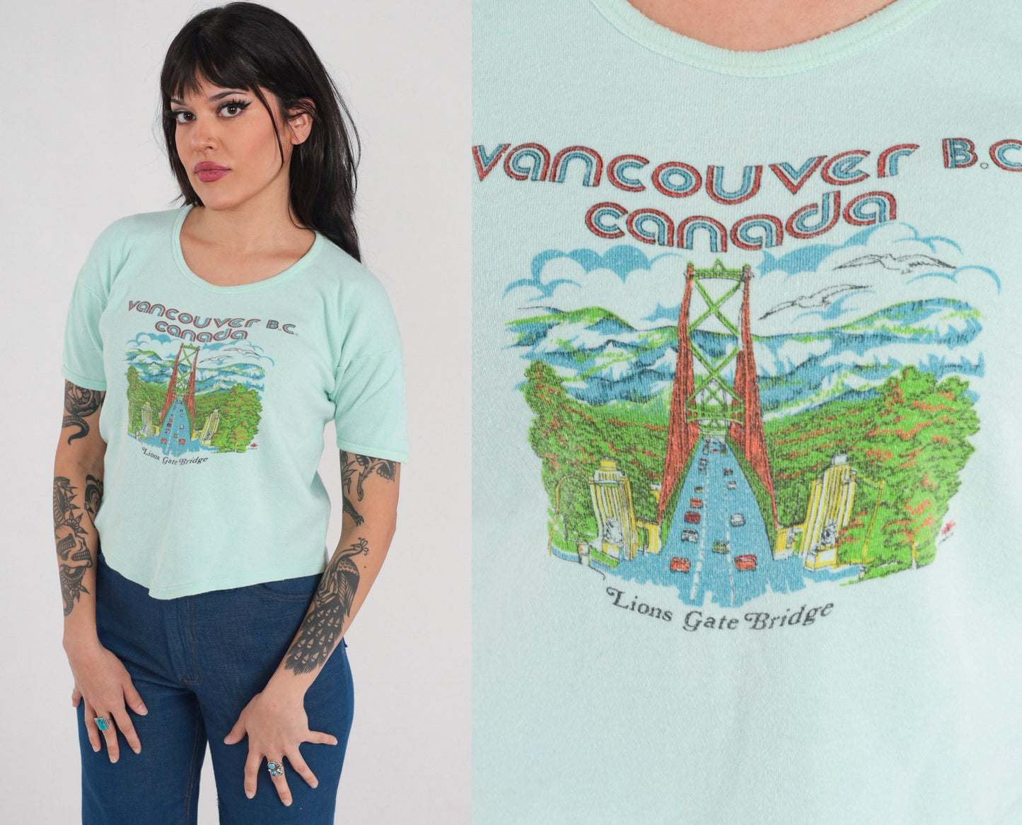 80s Vancouver BC Lions Gate Bridge Graphic T-Shirt Mint Green Single Stitch Medium