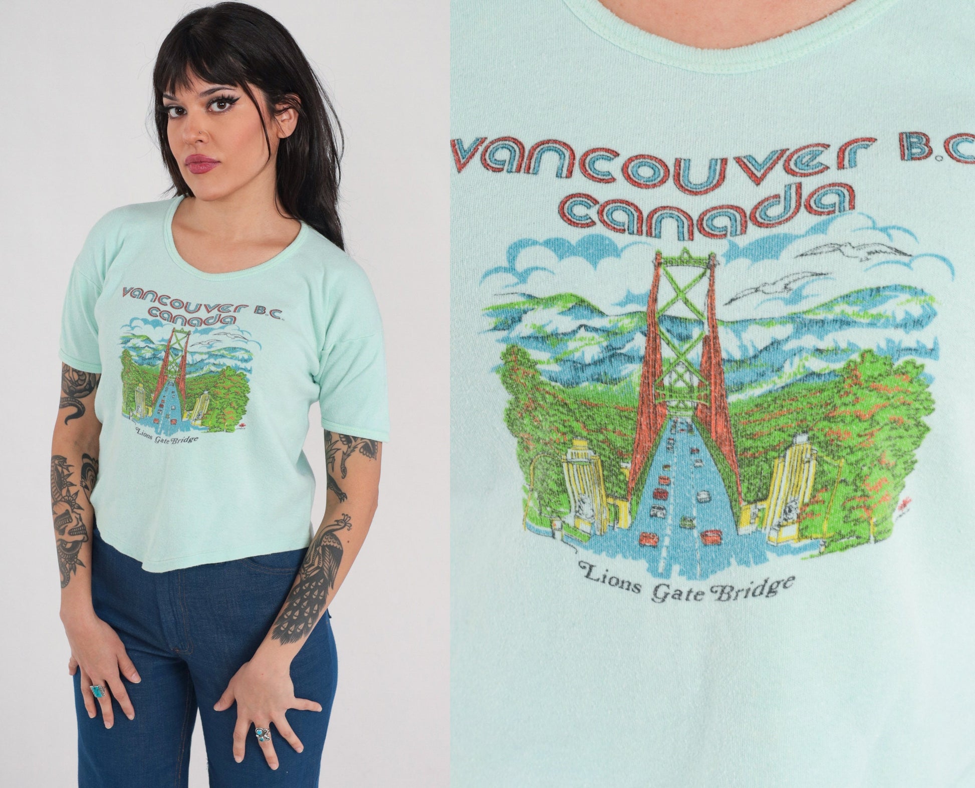 80s Vancouver BC Lions Gate Bridge Graphic T-Shirt Mint Green Single Stitch Medium