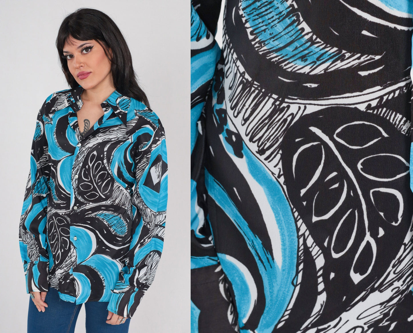70s Abstract Leaf Print Button-Up Shirt Blue Black Dagger Collar Long Sleeve Large