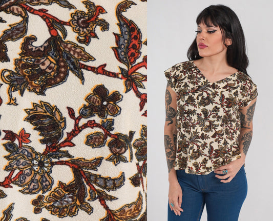 70s Paisley Floral Cap Sleeve Blouse Cream V Neck Medium
