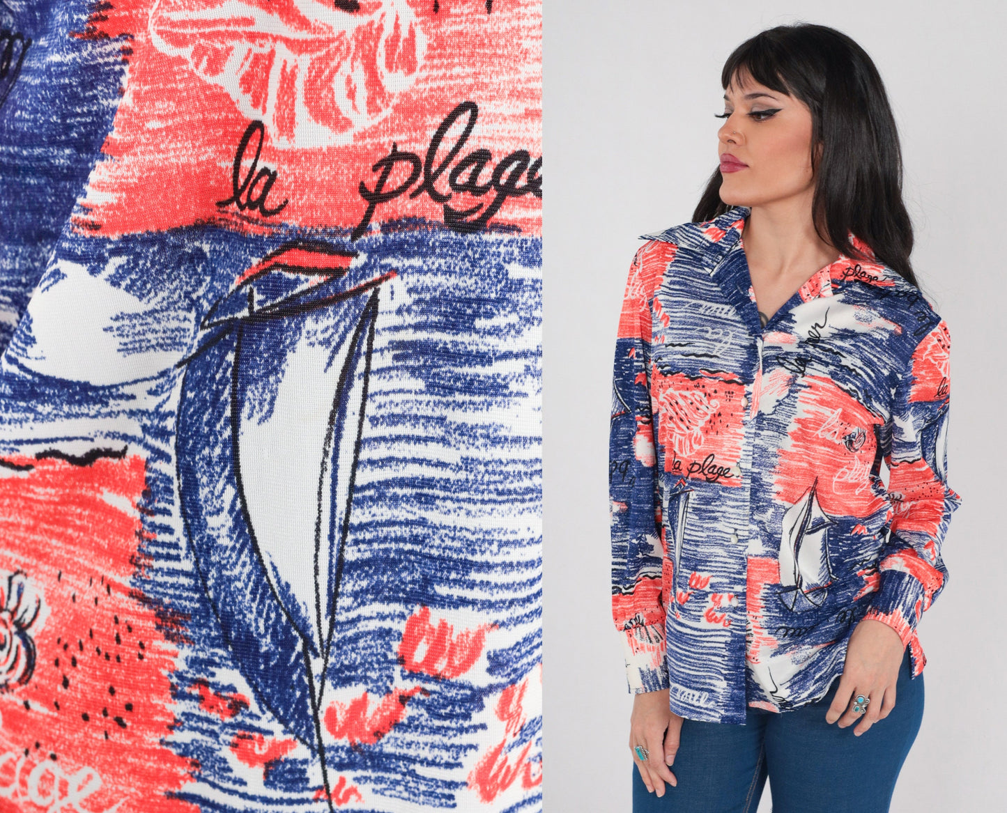 70s French Nautical Sailing Print Button-Up Blouse Red White Blue Medium
