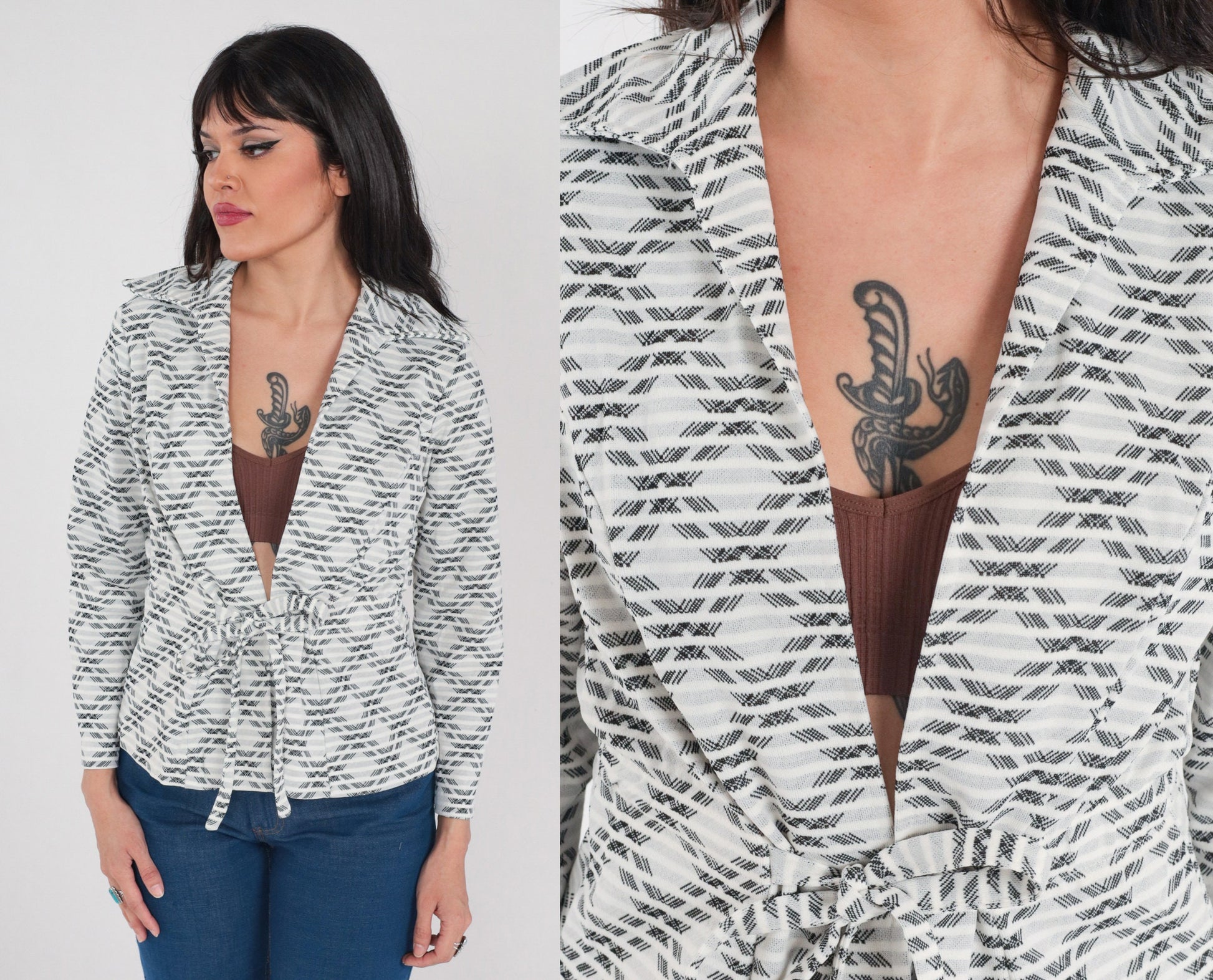 70s Checkered Tie Front Blazer White Black Striped Plaid Jacket Small