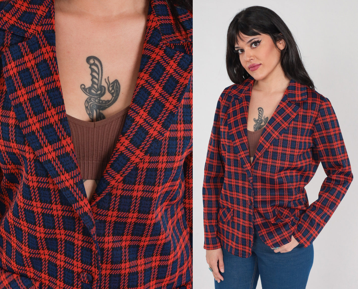 70s Plaid Blazer Red Blue Checkered Notched Collar Button Up Medium