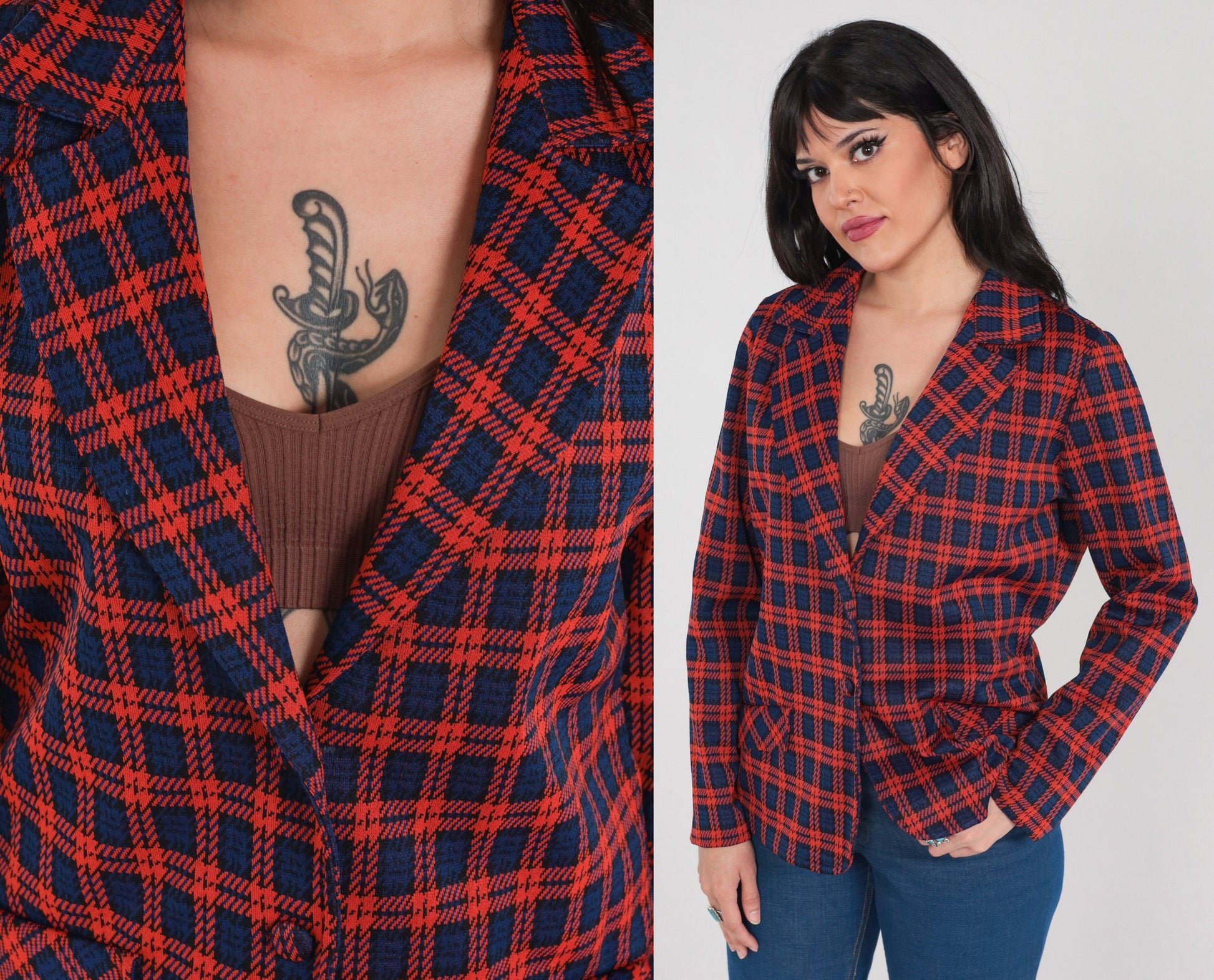 70s Plaid Blazer Red Blue Checkered Notched Collar Button Up Medium