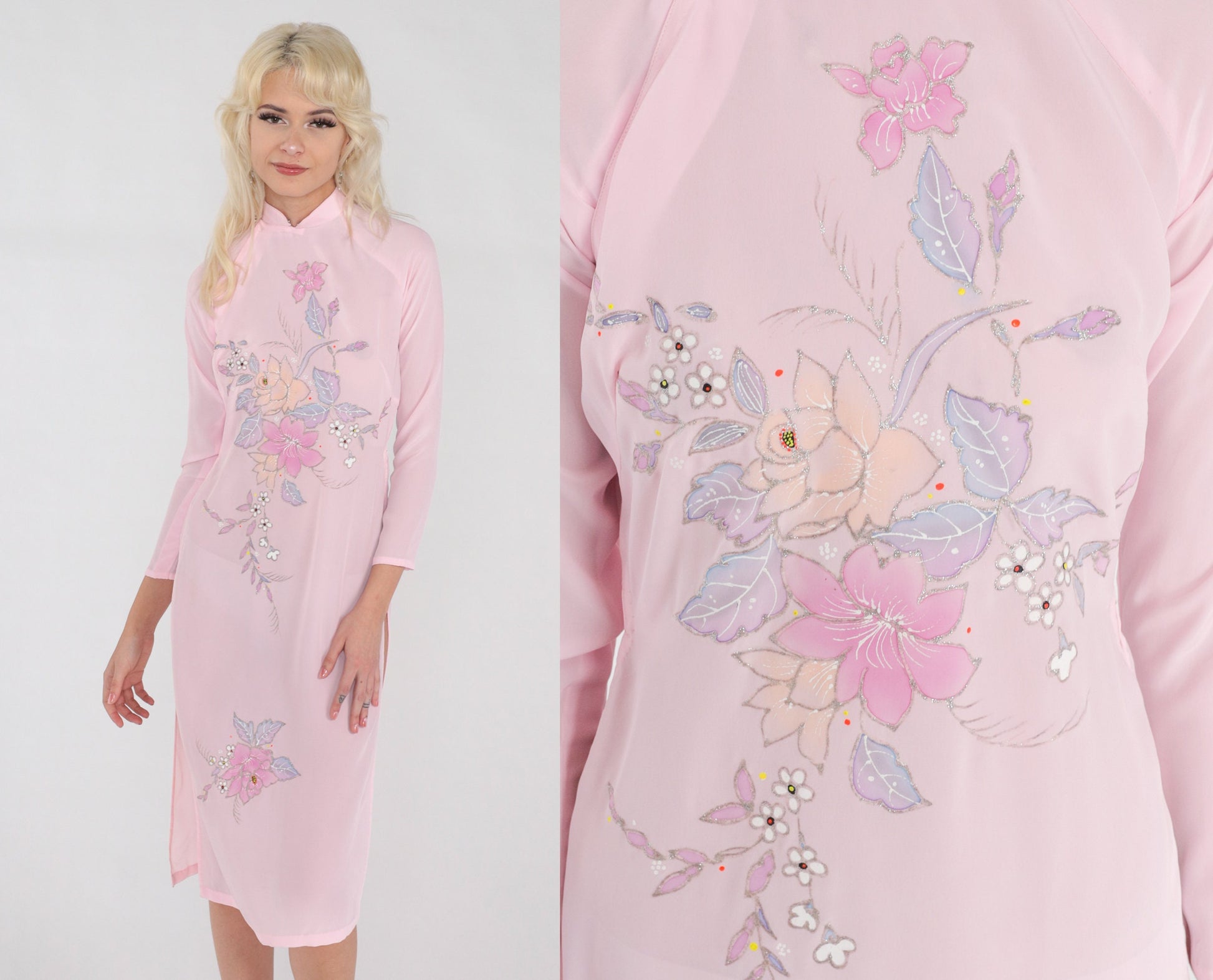 70s Ao Dai Dress Pink Floral Glitter Midi Mandarin Collar High Slit XXS