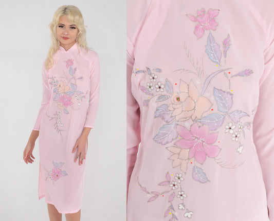 70s Ao Dai Dress Pink Floral Glitter Midi Mandarin Collar High Slit XXS
