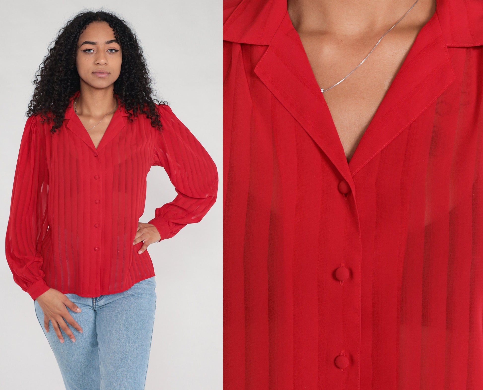 80s Red Striped Puff Sleeve Button-Up Blouse Semi-Sheer Long Sleeve Medium Large