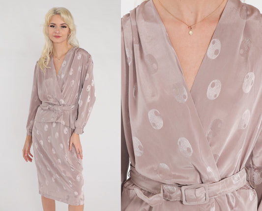 80s Taupe Peplum Midi Dress High Waist V Neck Long Sleeve Embossed Dot Small