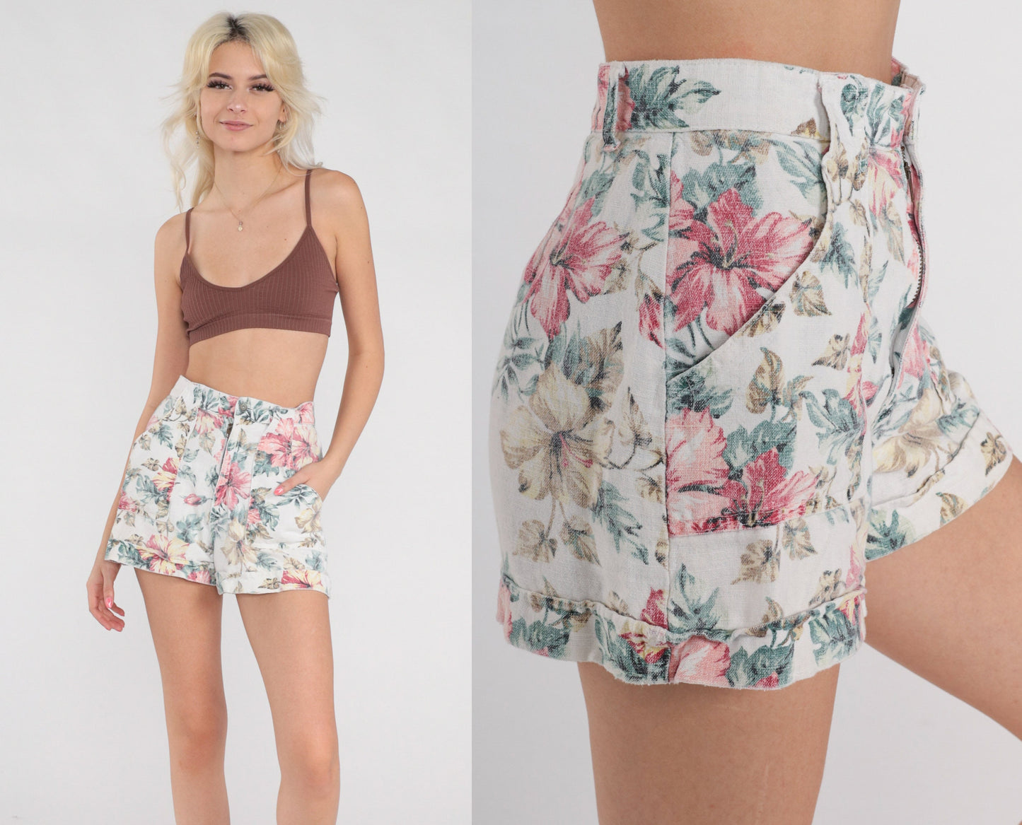 90s White Floral High-Waisted Shorts Cotton Linen Pockets Extra Small