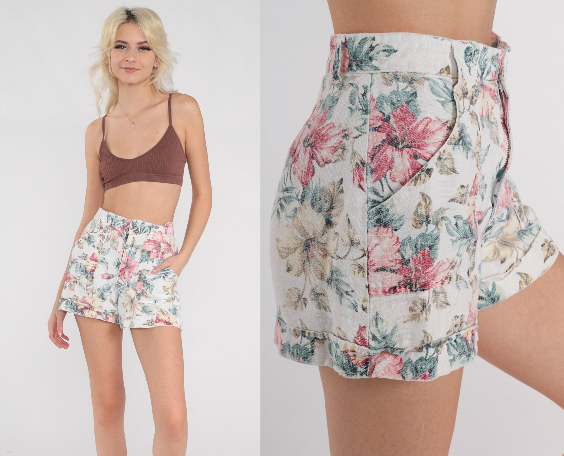 90s White Floral High-Waisted Shorts Cotton Linen Pockets Extra Small