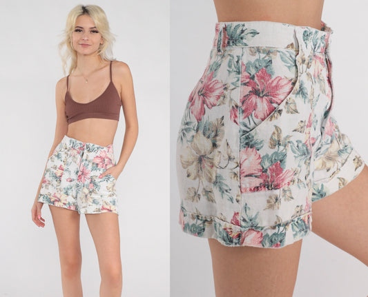 90s White Floral High-Waisted Shorts Cotton Linen Pockets Extra Small