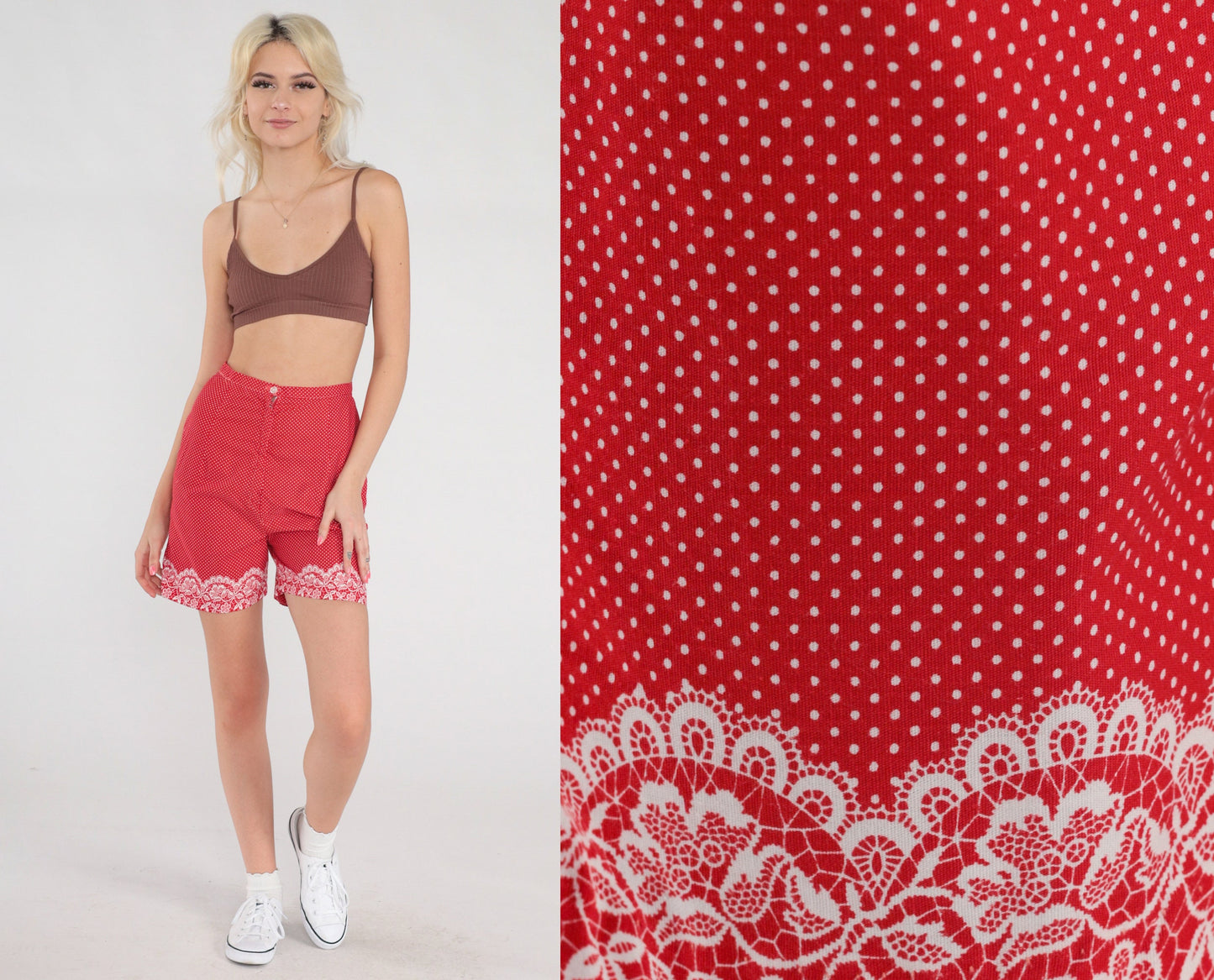 60s Red Polka Dot Shorts High-Waisted Floral Lace Print Extra Small